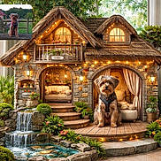 Jack a rejoint le concours — aidez-le/la à gagner de superbes lots ! dog, cottage, miniature, stone, waterfall, pond, plants, flowers, lights, porch, curtains, furniture, cozy, garden, outdoor, nature, pet, harness, decor, window