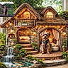 dog, cottage, miniature, stone, waterfall, pond, plants, flowers, lights, porch, curtains, furniture, cozy, garden, outdoor, nature, pet, harness, decor, window