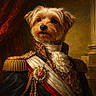 dog, portrait, historical_clothing, military_uniform, epaulettes, medal, decorative_sash, lace_cravat, canine, brown_fur, animal_portrait, classical_style, painting_style, noble, regal, indoor, column, red_curtain, detailed_clothing, costume