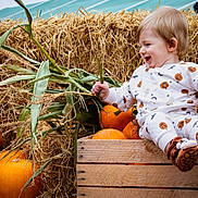 William joined the competition — help win amazing prizes! toddler, child, pumpkin, halloween_pajamas, monkey_slippers, crate, hay_bale, corn_stalk, autumn, fall, smiling, happy, outdoor, hand_holding, seasonal, festive, baby, clothing, person, portrait