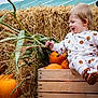 toddler, child, pumpkin, halloween_pajamas, monkey_slippers, crate, hay_bale, corn_stalk, autumn, fall, smiling, happy, outdoor, hand_holding, seasonal, festive, baby, clothing, person, portrait