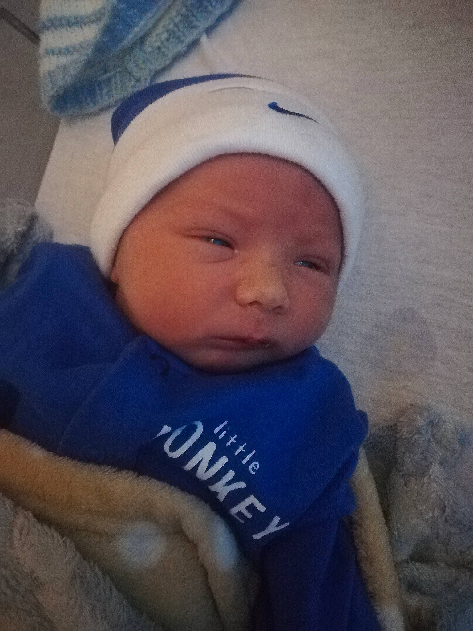 Cayden-lee joined the competition — help win amazing prizes! baby, blue, cheek, child, face, head, headgear, headwear, person, skin, toddler