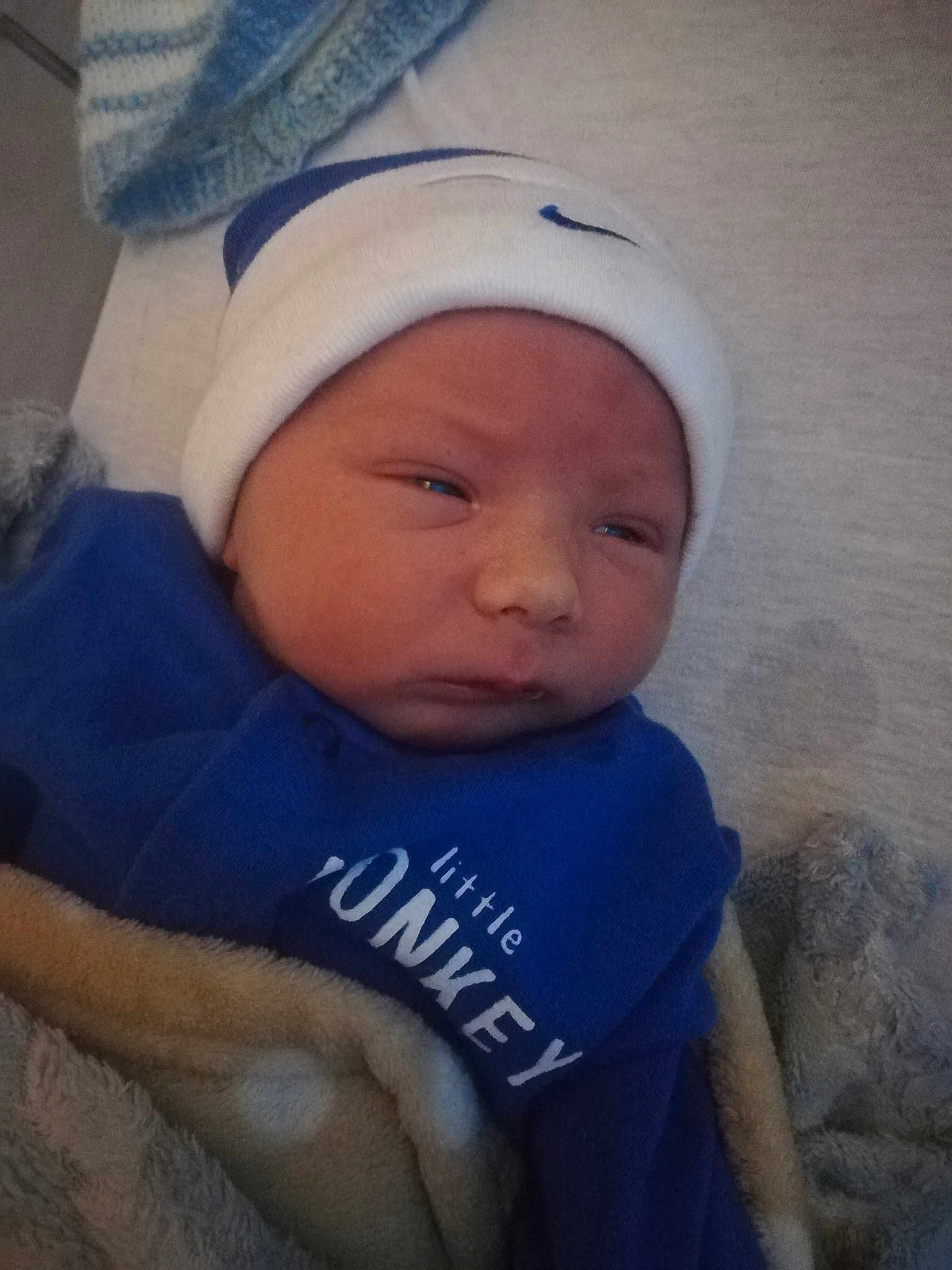 Cayden-lee joined the competition — help win amazing prizes! baby, blue, cheek, child, face, head, headgear, headwear, person, skin, toddler