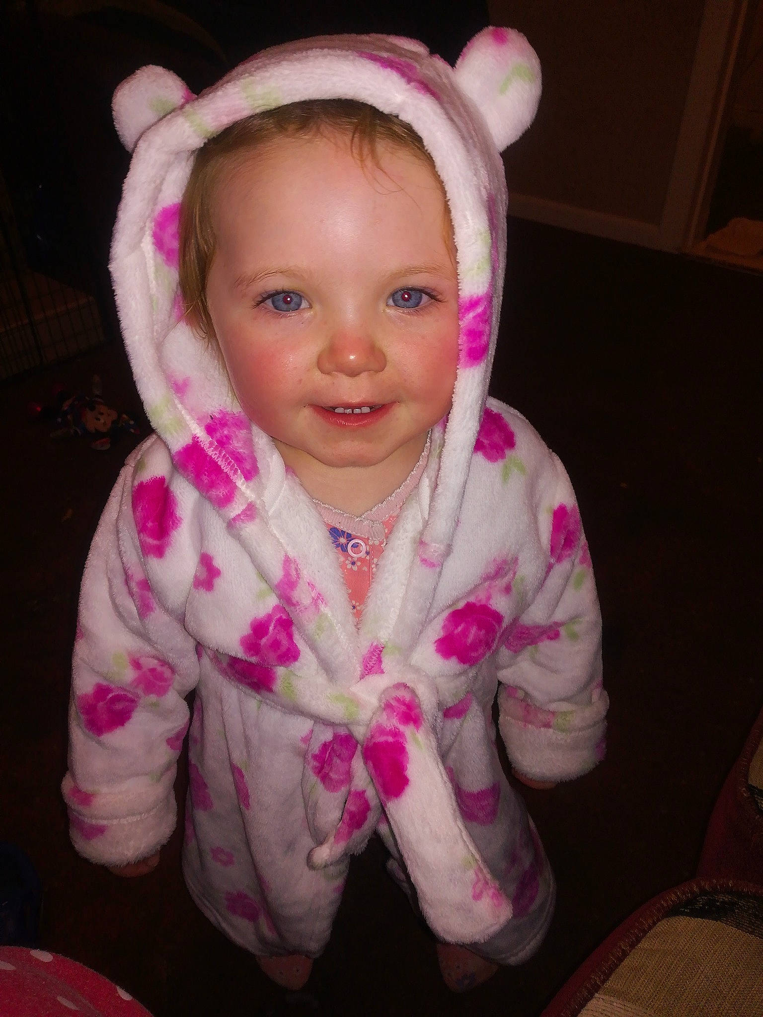 Cheyanne is registered to the contest to win money with this photo: baby, cheek, child, ear, eye, face, fun, hair_accessory, head, headgear, iris, lip, nose, organ, outerwear, person, pink, skin, smile, toddler