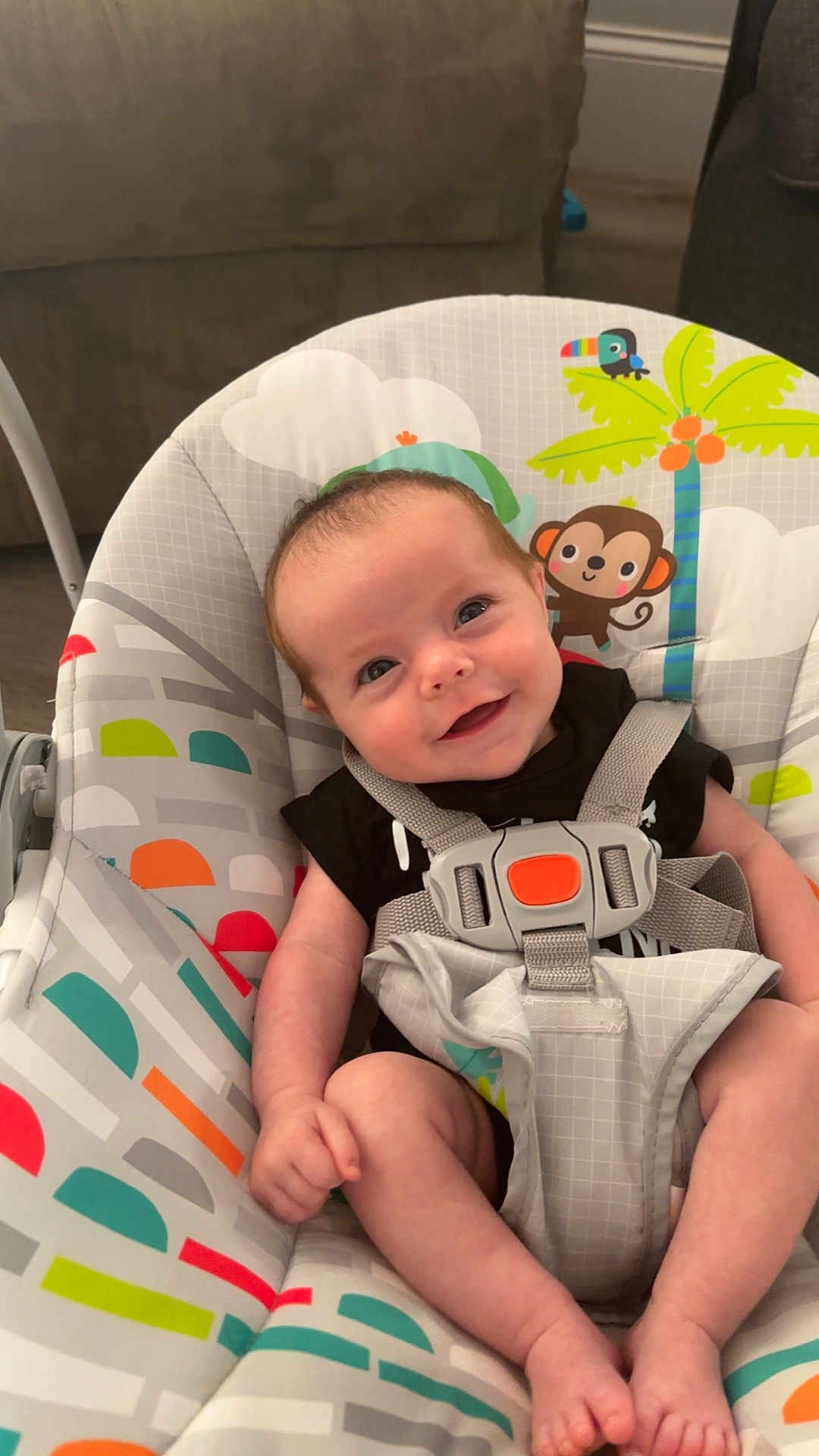 Lainey joined the competition — help win amazing prizes! baby, smiling, child, infant, baby_chair, colorful, patterned, monkey, palm_tree, seatbelt, happy, indoors, cute, person, young_child, comfort, playful, face, legs, hands