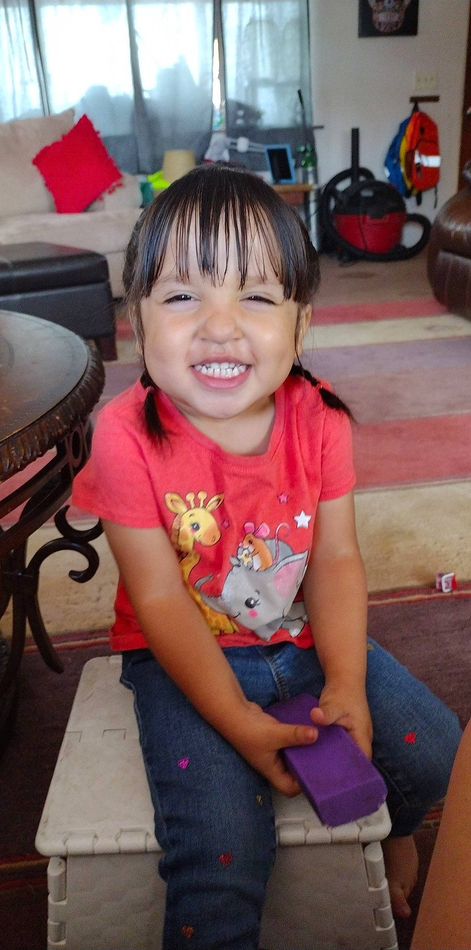 Aitana joined the competition — help win amazing prizes! bangs, chair, cheek, child, event, eye, fun, hairstyle, happy, head, joy, lap, leisure, magenta, person, pink, sitting, skin, smile, t_shirt