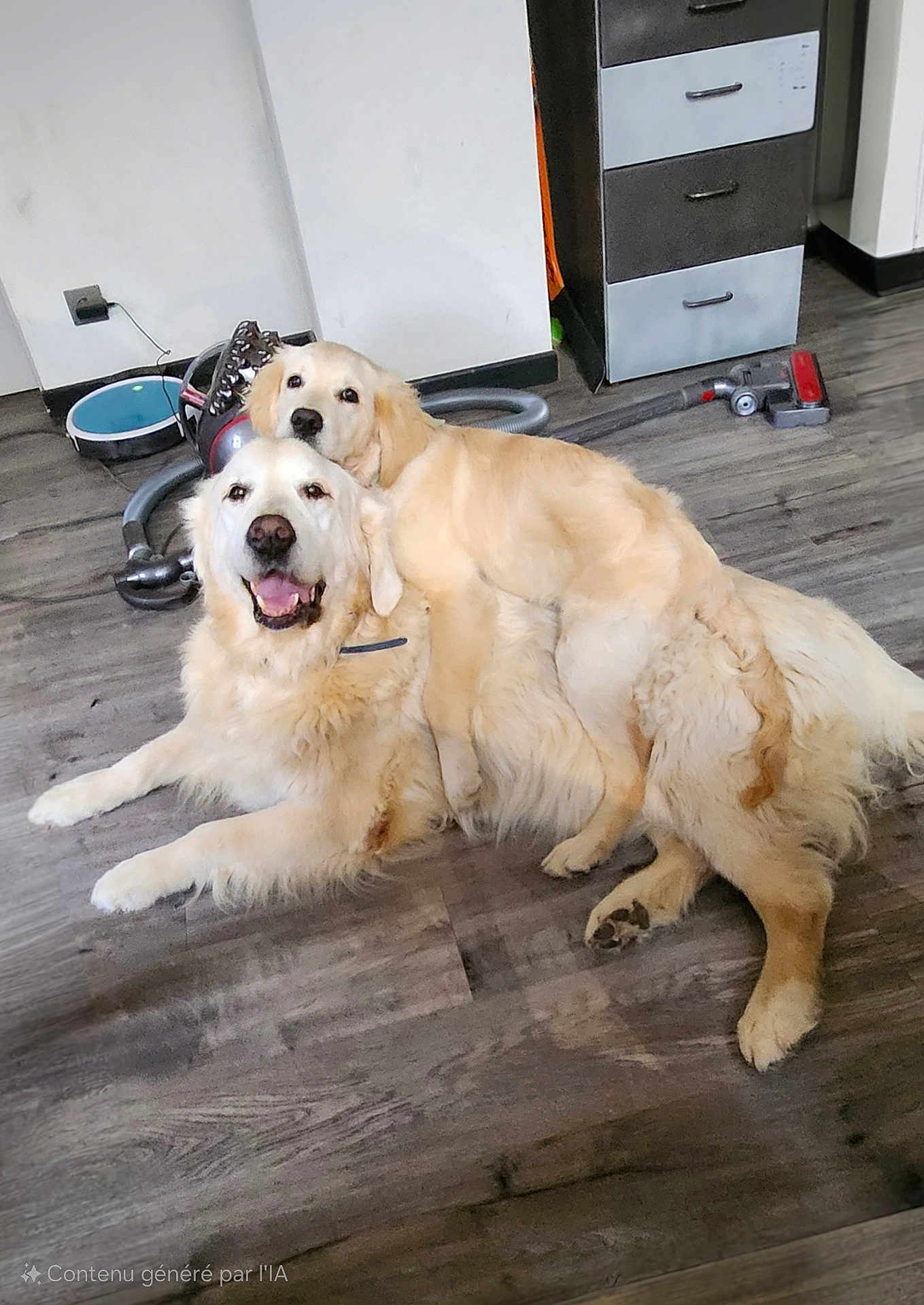 Indy a rejoint le concours — aidez-le/la à gagner de superbes lots ! dog, golden_retriever, playful, indoor, floor, vacuum_cleaner, cabinet, pet, animal, fur, friendly, happy, mammal, domestic_animal, cute, canine, companionship, relaxing, two_dogs, home
