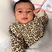 Anaya joined the competition — help win amazing prizes! baby, infant, face, eyes, blanket, clothing, leopard_print, hand, fist, lying_down, cozy, soft_texture, cute, child, portrait, indoors, apparel, young, warm, resting