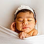 adorable, baby, blanket, child, cute, expression, face, hands, headband, indoors, infant, newborn, peaceful, portrait, resting, skin, sleepy, soft, wrapped, young