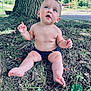 baby, barefoot, child, curious, daytime, expression, grass, greenery, infant, legs, nature, outdoor, park, shirtless, sitting, skin, summer, sunlight, tree_trunk, young_child