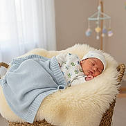 Noé a rejoint le concours — aidez-le/la à gagner de superbes lots ! baby, newborn, sleeping, blanket, basket, fur_rug, knitted_blanket, nursery, mobile, rocking_horse, hat, cozy, portrait, soft_light, indoor, toy, peaceful, infant, bedtime, cute