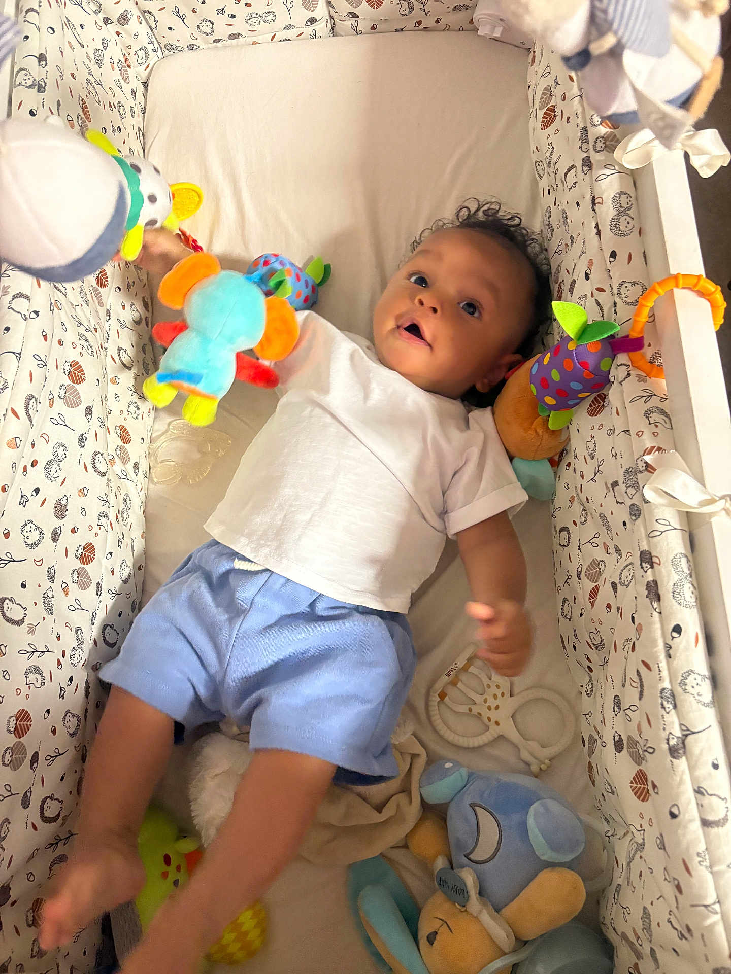 Lionel Alexandre participe au concours pour gagner de l'argent avec cette photo : baby, crib, plush_toy, child, infant, white_shirt, blue_shorts, toys, cute, smiling, lying_down, curious, colorful, soft, indoor, playful, happy, person, fabric, comfort
