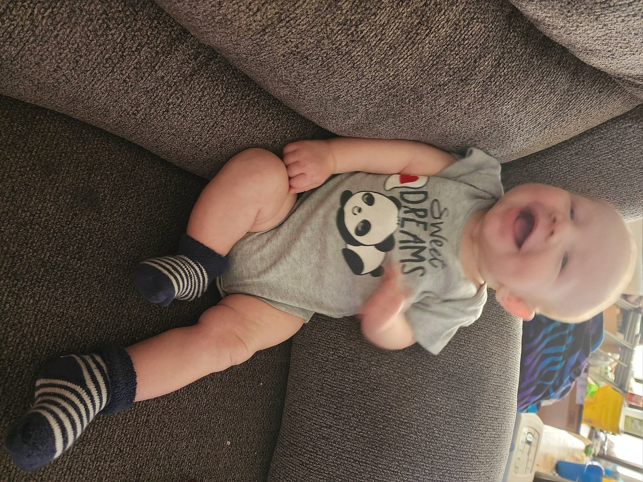 Christopher is registered to the contest to win money with this photo: arm, baby, baby_toddler_clothing, child, comfort, elbow, finger, hand, human_body, human_leg, joy, knee, leg, nail, pattern, person, skin, sleeve, textile, thigh