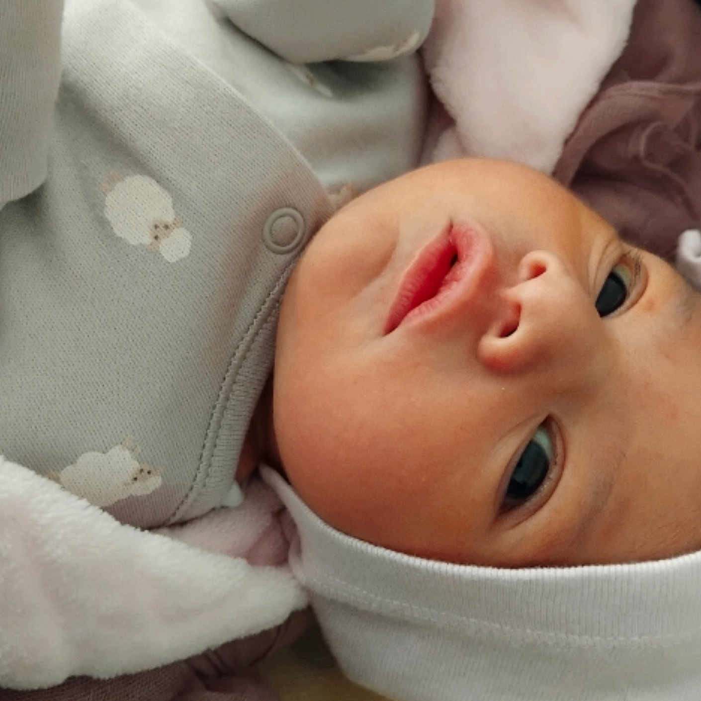 Ama is registered to the contest to win money with this photo: apparel, baby, blanket, child, closeup, clothing, cozy, cute, expression, eyes, face, hat, headwear, infant, lying_down, newborn, portrait, skin, sleepwear, soft
