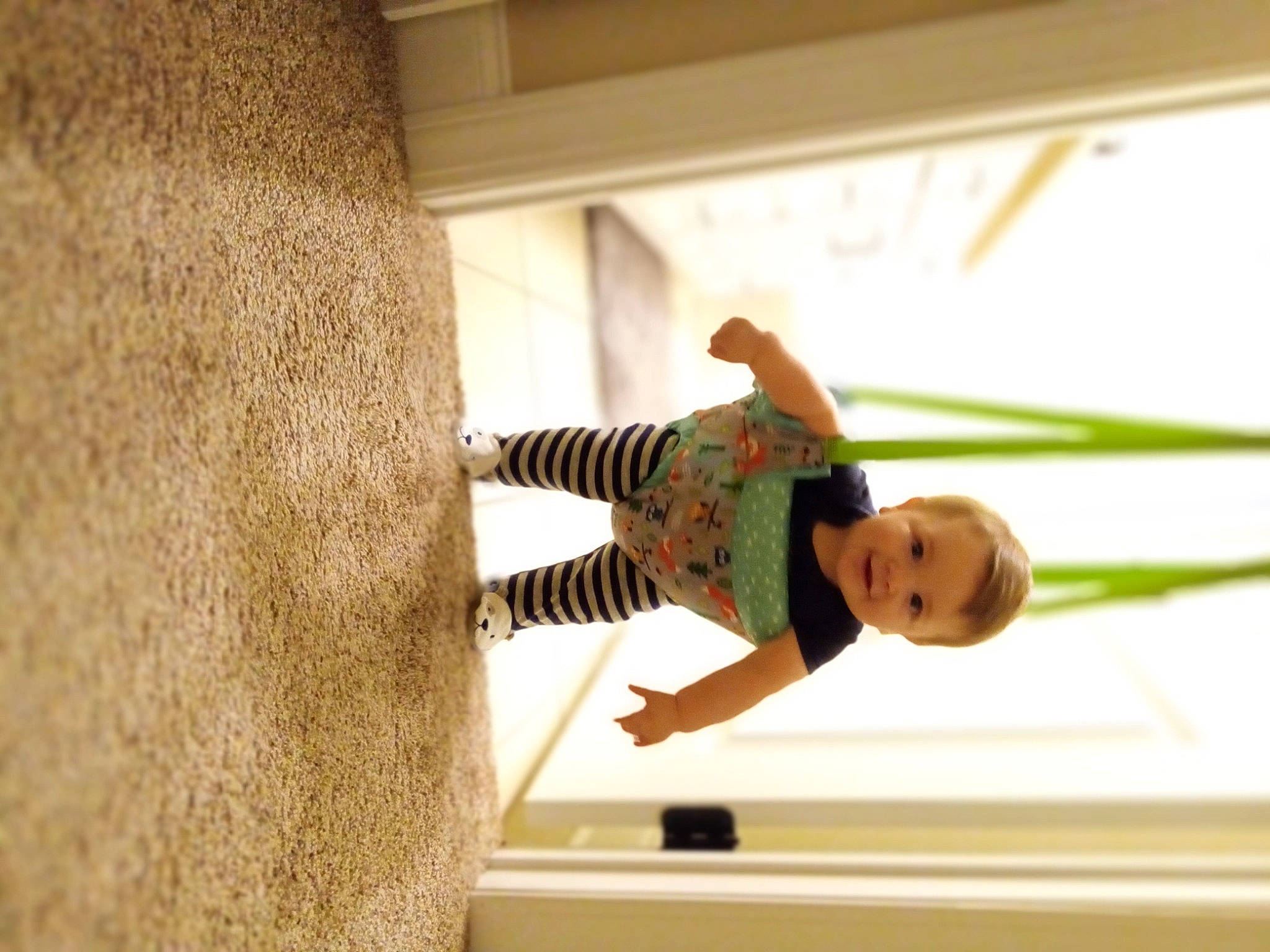 Bentley is registered to the contest to win money with this photo: ceiling, child, comfort, daylighting, elbow, flooring, fun, hardwood, person, room, shadow, stairs, t_shirt, toddler, visual_arts, window, wood