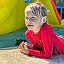 Hunter is registered to the contest to win money with this photo: child, swimming_pool, water, red_shirt, yellow_slide, wet_hair, outdoor, summer, play, fun, sunlight, recreation, water_sports, happy, casual_clothing, person, leisure, blue_eyes, daytime, relaxation