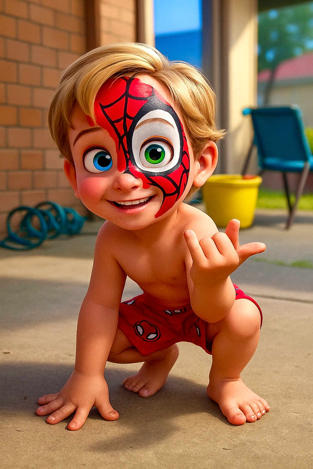 Hunter is registered to the contest to win money with this photo: toddler, face_paint, spiderman, child, digital_art, shorts, smile, crouching, outdoor, patio, blonde_hair, green_eye, blue_eye, playful, cute, happy, sunlight, concrete_floor, toy, background