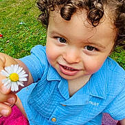 Naïm participe au concours pour gagner de l'argent avec cette photo : toddler, child, curly_hair, blue_shirt, flower, daisy, grass, outdoor, smile, happy, portrait, baby, nature, greenery, sitting, pink_towel, cute, closeup, summer, daylight