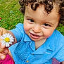 toddler, child, curly_hair, blue_shirt, flower, daisy, grass, outdoor, smile, happy, portrait, baby, nature, greenery, sitting, pink_towel, cute, closeup, summer, daylight