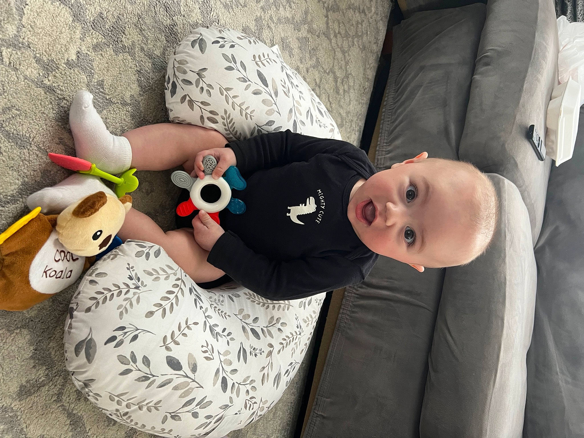 Milo is registered to the contest to win money with this photo: baby, baby_products, baby_toddler_clothing, child, comfort, cool, couch, hairstyle, happy, linens, nail, person, product, room, sitting, sleeve, stuffed_toy, surprise, t_shirt, textile