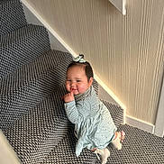 Yurie is registered to the contest to win money with this photo: baby, child, girl, smiling, stairs, carpet, indoor, wallpaper, clothing, bow, socks, person, crawling, pattern, texture, cute, happy, playful, home, portrait