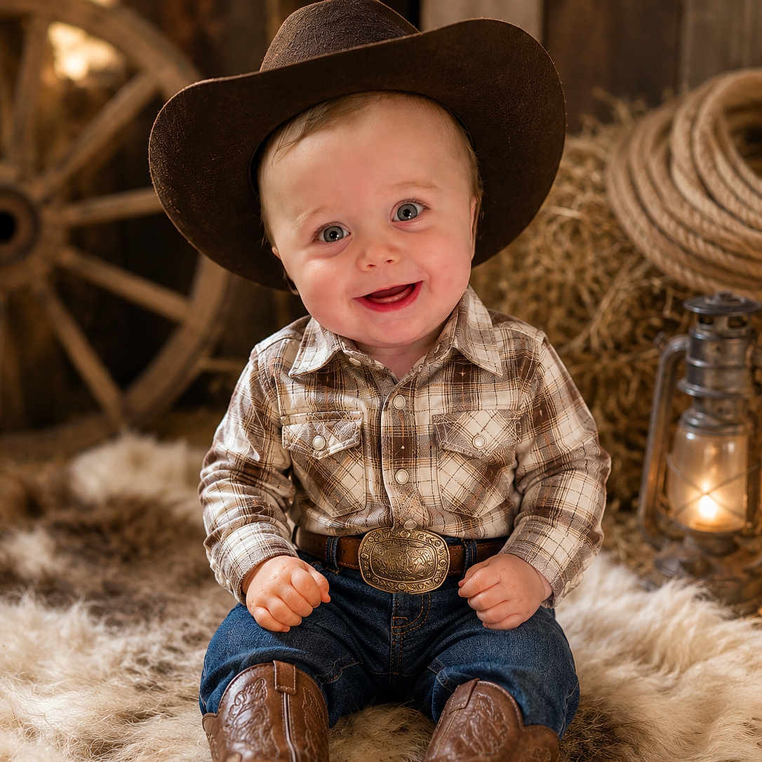 Phoenix joined the competition — help win amazing prizes! baby, cowboy, hat, plaid_shirt, jeans, cowboy_boots, belt, smile, sitting, fur_rug, lantern, wagon_wheel, barn, rustic, child, portrait, cute, indoor, happy, person