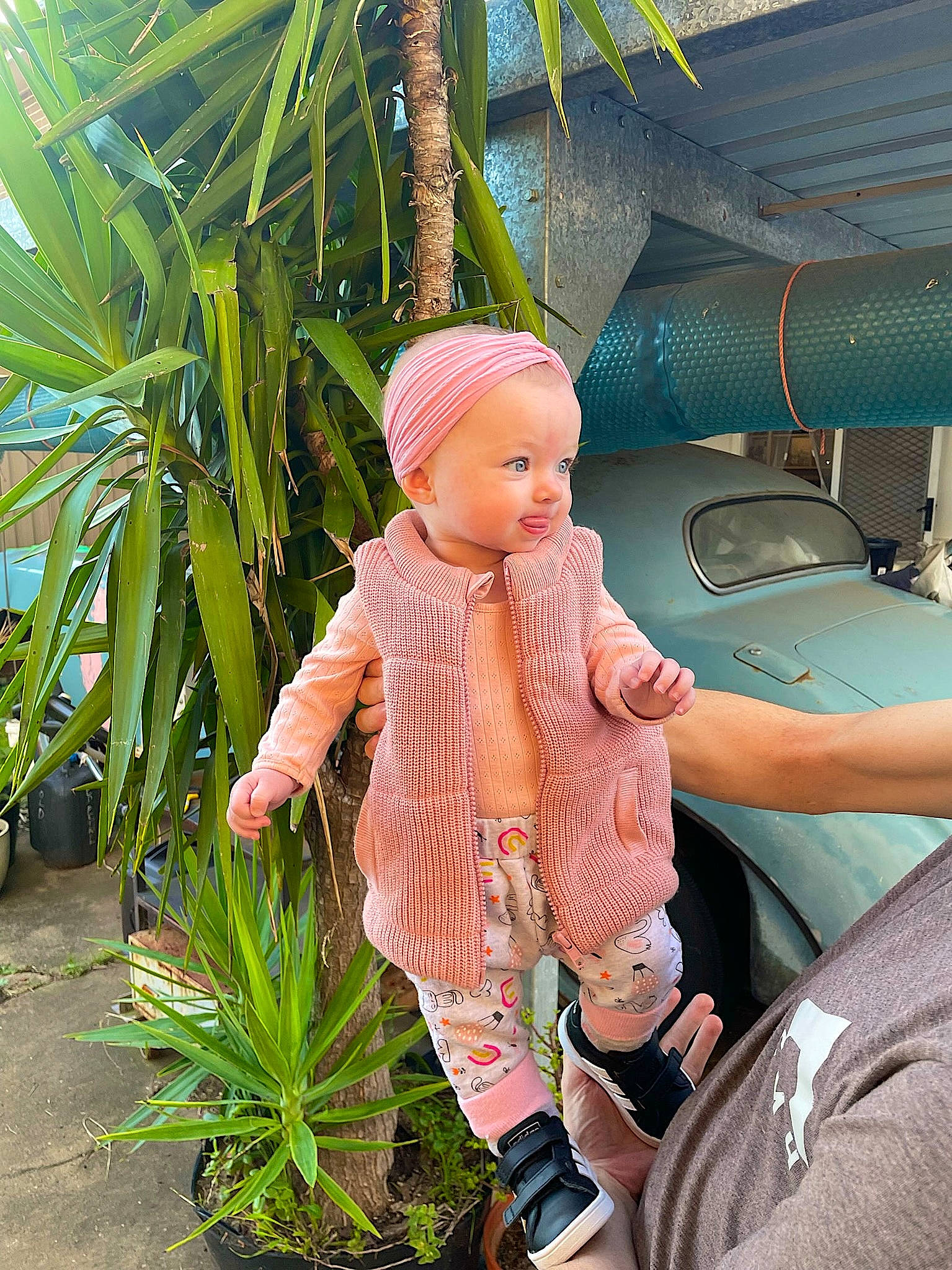 Ellis is registered to the contest to win money with this photo: arecales, baby_products, cap, child, doll, fun, garden, grass, hat, lawn_ornament, leisure, luggage_and_bags, peach, person, plant, sitting, stuffed_toy, terrestrial_plant, toy, tree