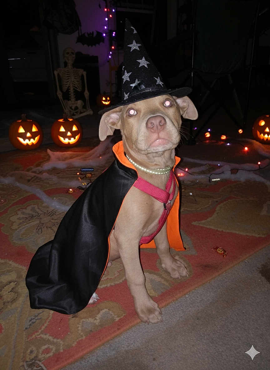 Niko is registered to the contest to win money with this photo: puppy, dog, costume, witch_hat, cape, halloween, pumpkin, jack_o_lantern, skeleton, decorations, indoors, carpet, holiday, cute, pet, animal, festive, orange, black, lights