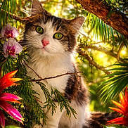 Shorts joined the competition — help win amazing prizes! cat, feline, green_eyes, flower, orchid, tropical, leaf, palm_leaf, tree_branch, bark, sunlight, portrait, close_up, fur, whiskers, paws, nature, outdoor, vibrant_colors, sitting