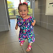 Yusra participe au concours pour gagner de l'argent avec cette photo : toddler, child, smile, indoors, tile_floor, colorful_clothing, pink_sandals, hair_bows, happy, walking, person, portrait, daylight, hallway, young_child, cute, fashion, floor_tiles, bright_colors, baby