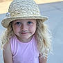 Paizley is registered to the contest to win money with this photo: child, girl, blonde_hair, curly_hair, straw_hat, pink_shirt, smile, portrait, outdoor, sunlight, face, person, young_child, happy, cute, fashion, summer, casual, headwear, innocence