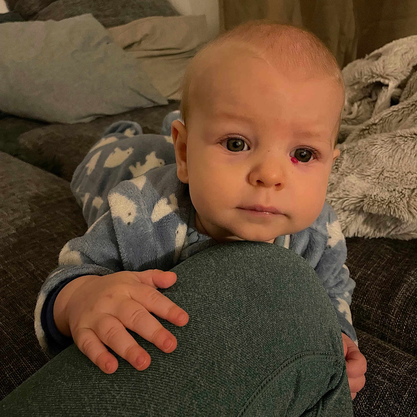 Sauveur participe au concours pour gagner de l'argent avec cette photo : baby, blanket, child, closeup, clothing, comfort, curious, cushion, expression, face, grip, hand, home, indoors, infant, pajamas, person, sofa, soft, warm