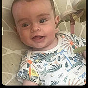 Charles participe au concours pour gagner de l'argent avec cette photo : baby, child, smiling, infant, onesie, patterned_clothing, face, happy, lying_down, indoor, cute, toddler, young_child, person, head, expression, animal_print, colorful, soft_toy, closeup