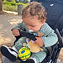 Sohan a rejoint le concours — aidez-le/la à gagner de superbes lots ! toddler, child, stroller, pacifier, toy, ball, plush_toy, curly_hair, outdoor, park, shoes, clothing, seat, baby, person, daylight, nature, greenery, sunlight, cute