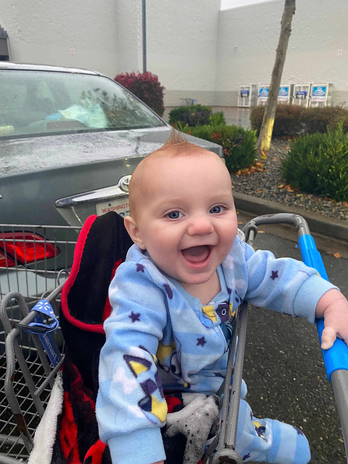 Zander is registered to the contest to win money with this photo: baby, child, shopping_cart, blue_onesie, smiling, happy, outdoor, parking_lot, car, rain, wet_surface, mohaawk_hairstyle, clothing, person, infant, cute, joyful, expression, holding, seat