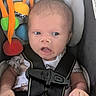 baby, infant, child, car_seat, harness, buckled, portrait, face, eyes, open_mouth, sitting, indoor, toy, colorful, plush_toy, automotive, safety, clothing, hands, close_up