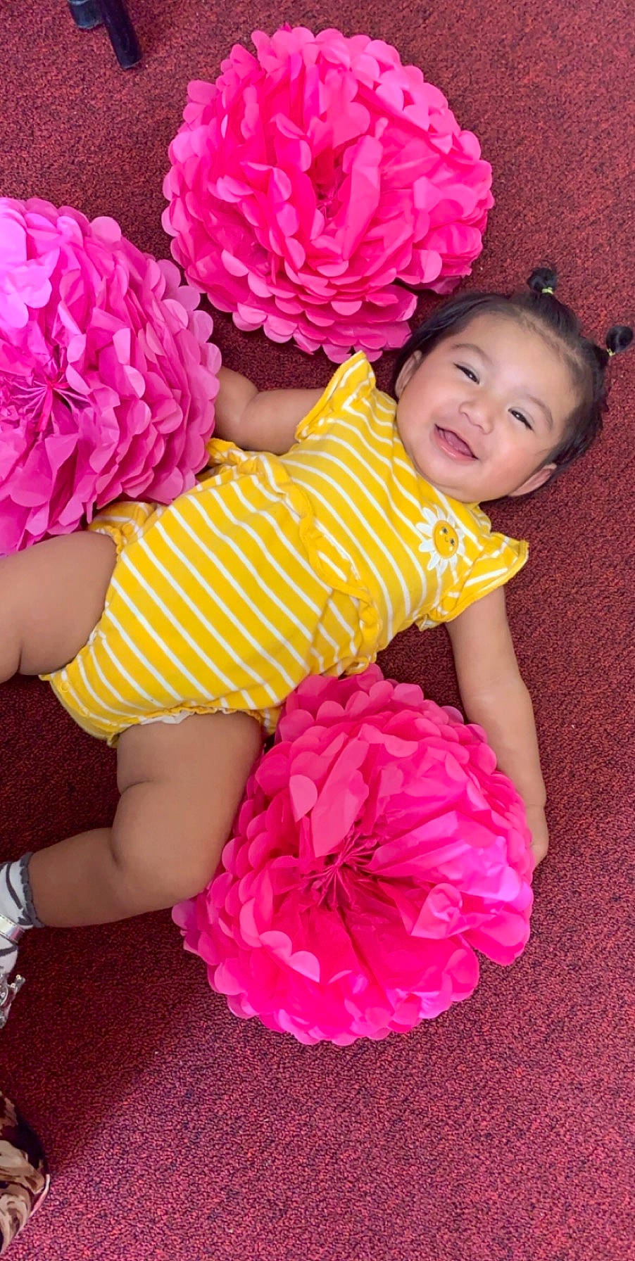 Ariadne is registered to the contest to win money with this photo: baby, baby_bloomers, baby_toddler_clothing, child, costume, flower, joy, magenta, person, pink, plant, pom_pom, ruffle, textile, toddler, yellow