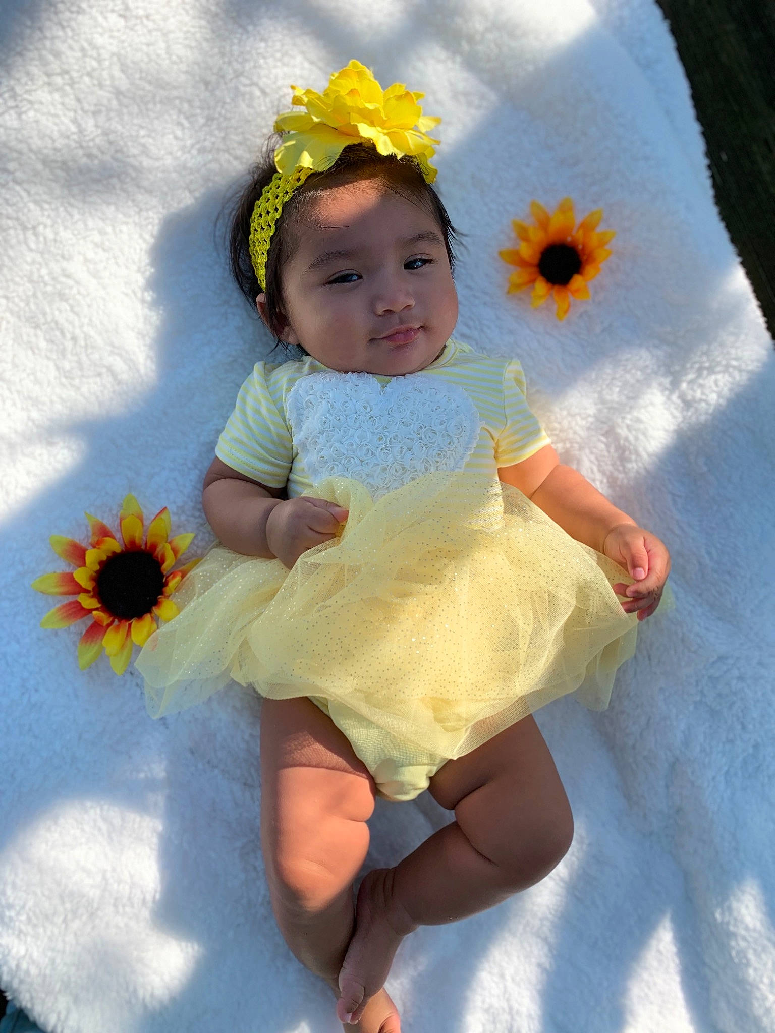 Ariadne is registered to the contest to win money with this photo: baby, baby_toddler_clothing, child, costume, flower, fun, hair_accessory, happy, headpiece, person, plant, skin, smile, sunflower, toddler, yellow