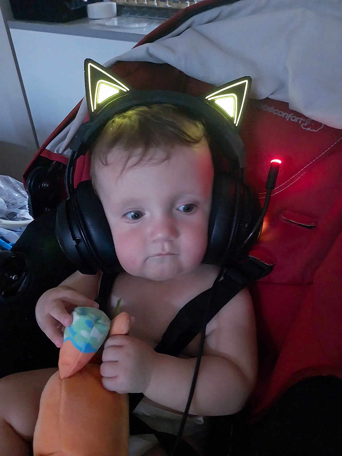 Darko a rejoint le concours — aidez-le/la à gagner de superbes lots ! baby, baby_toy, cat_ears, child, chubby_cheeks, cute, expressionless, face, head, headphones, indoor, infant, person, plush_toy, red, seatbelt, soft_toy, stroller, toddler, toy