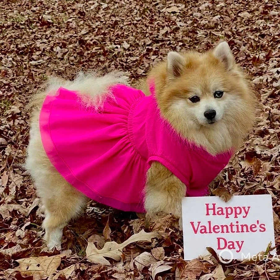 Abby joined the competition — help win amazing prizes! dog, pomeranian, pink_dress, autumn_leaves, outdoor, sign, valentines_day, holiday, cute, fluffy, pet, animal, grass, nature, seasonal, leaf_litter, celebration, festive, standing, canine