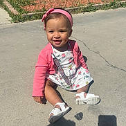 Azari joined the competition — help win amazing prizes! toddler, child, smiling, outdoor, sunlight, dress, cardigan, headband, sandals, concrete, garden, greenery, happy, cute, person, fashion, summer, playful, sitting, baby