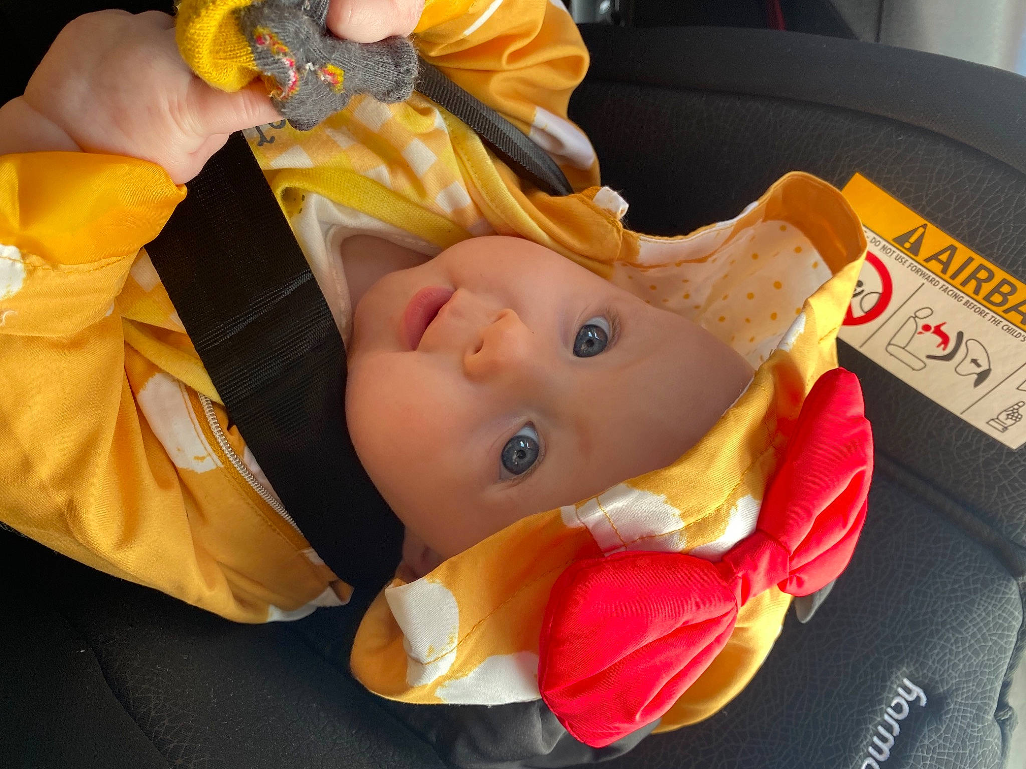 Daisy-may joined the competition — help win amazing prizes! baby, baby_carriage, baby_products, baby_toys, car_seat, child, comfort, finger, headwear, lap, orange, person, plush, stuffed_toy, toddler, toy, watch, wood