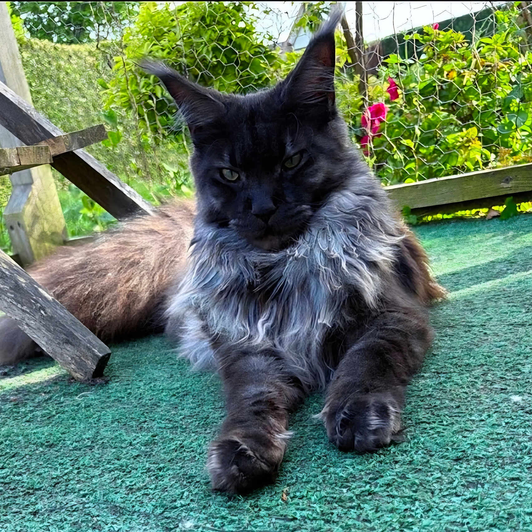 Zé-ûss a rejoint le concours — aidez-le/la à gagner de superbes lots ! cat, fluffy, animal, pet, green, outdoor, nature, fence, wood, flower, plant, relaxed, lying_down, fur, ears, portrait, garden, texture, daylight, closeup