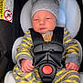 Evan joined the competition — help win amazing prizes! baby, newborn, car_seat, hat, bear_ears, striped_clothing, infant, child, seatbelt, safety, sleepy, cute, hands, footwear, gray, yellow, fabric, indoors, portrait, person