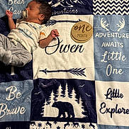 Owen joined the competition — help win amazing prizes! baby, newborn, pacifier, blanket, clothing, wooden_sign, one_month, sleeping, pattern, bear, mountains, arrow, text, infant, cute, cozy, milestone, lying_down, child, soft
