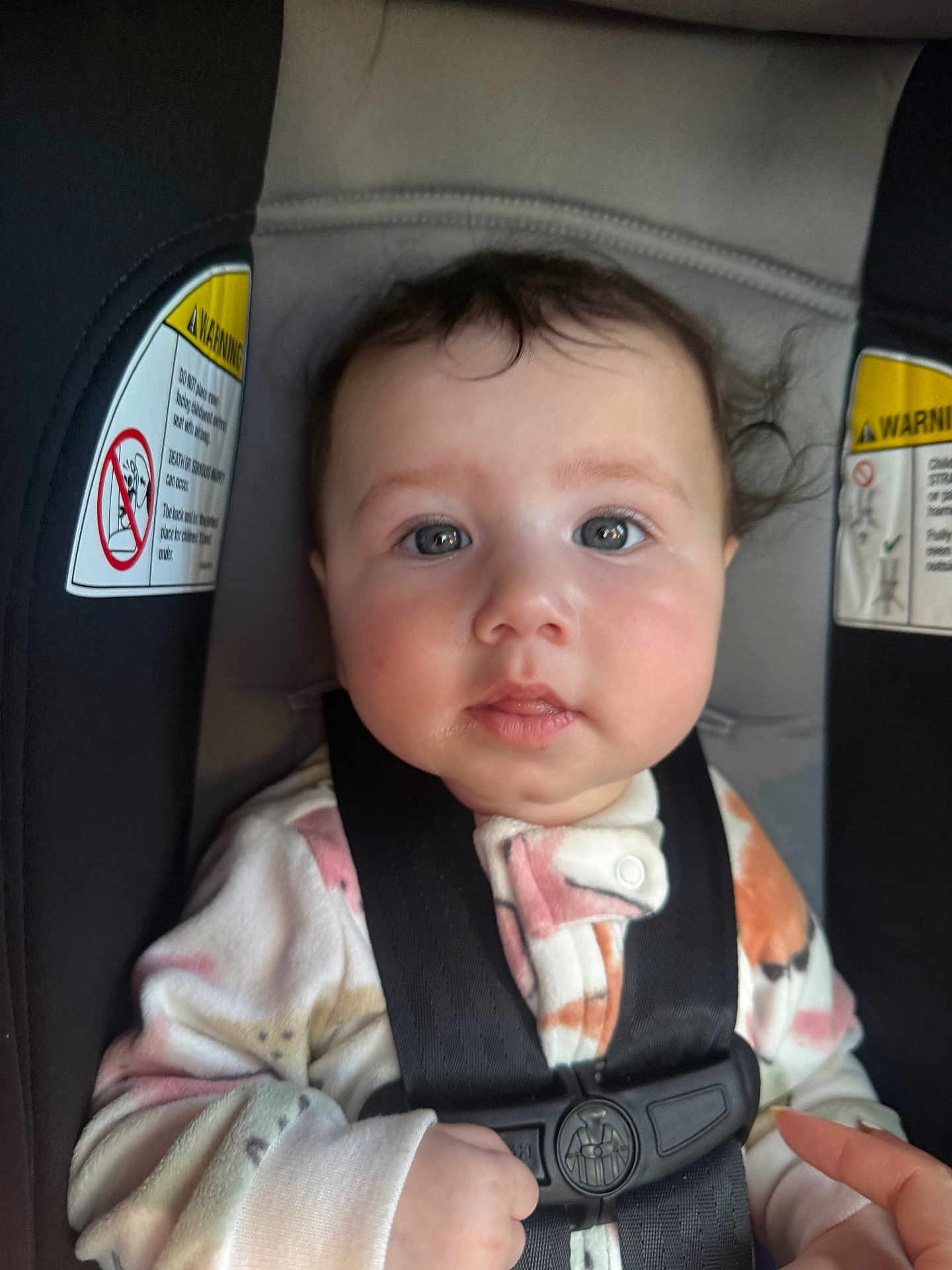 Eliyanah Jade joined the competition — help win amazing prizes! baby, child, car_seat, safety_harness, onesie, blue_eyes, infant, cute, face, portrait, seatbelt, child_safety, clothing, hand, indoor, person, young_child, straps, hair, close_up