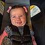 Eliyanah Jade joined the competition — help win amazing prizes! baby, child, car_seat, denim_overalls, pink_bows, pink_shirt, smile, happy, face, straps, safety_harness, cute, infant, portrait, indoor, closeup, person, head, eyes, clothing