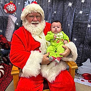 Billy joined the competition — help win amazing prizes! santa_claus, baby, child, christmas, holiday, festive, wreath, ornament, red_suit, white_beard, glasses, green_onesie, chair, indoor, decorations, smile, portrait, person, seasonal, celebration