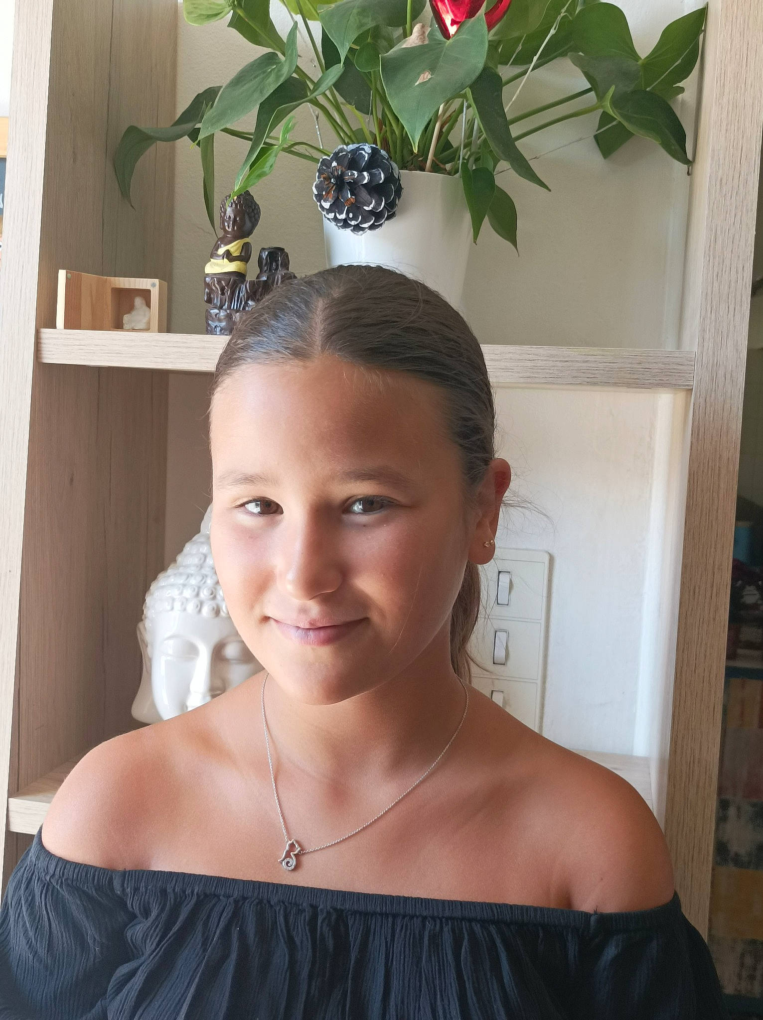 Sana a rejoint le concours — aidez-le/la à gagner de superbes lots ! chest, day_dress, eyebrow, fashion_accessory, fashion_design, flash_photography, flowerpot, forehead, hair, hair_accessory, headpiece, houseplant, jewellery, joy, long_hair, neck, person, plant, room, shoulder