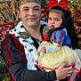 man, child, costume, king, princess, snow_white, red_bow, outdoor, greenery, sky, smile, dress, red_shoes, portrait, family, happy, holding, festival, event, people